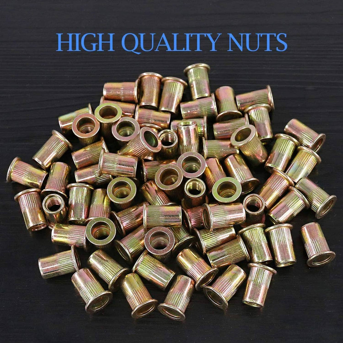 Zinc-plated flat-head rivet nuts, round open ends, threaded steel inserts