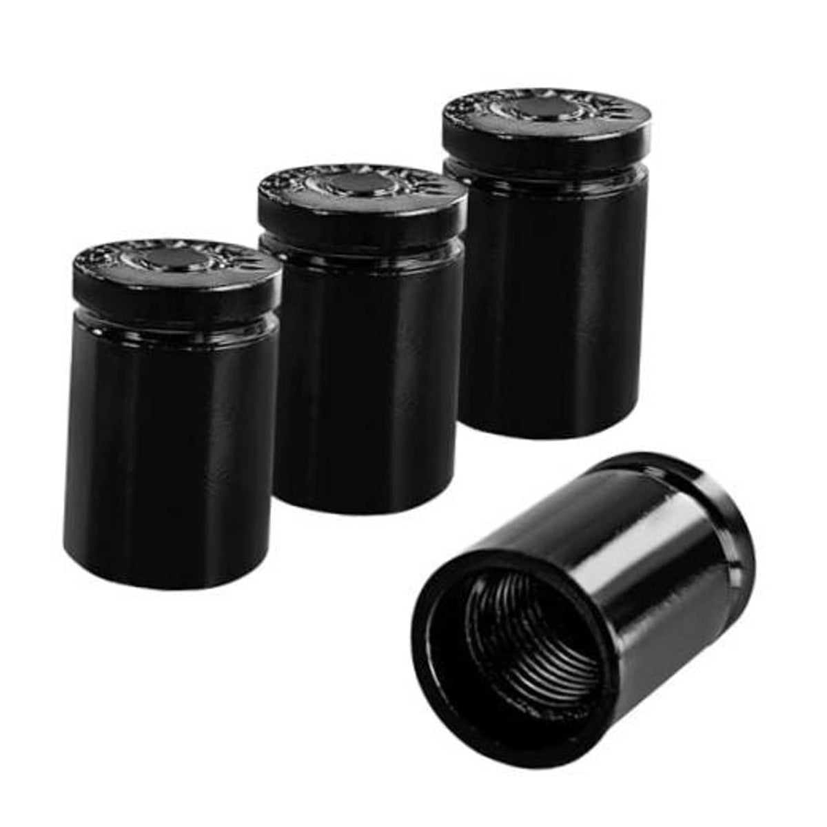 Set of 4 black bullet-style tire valve stem caps with metal finish and dustproof top.