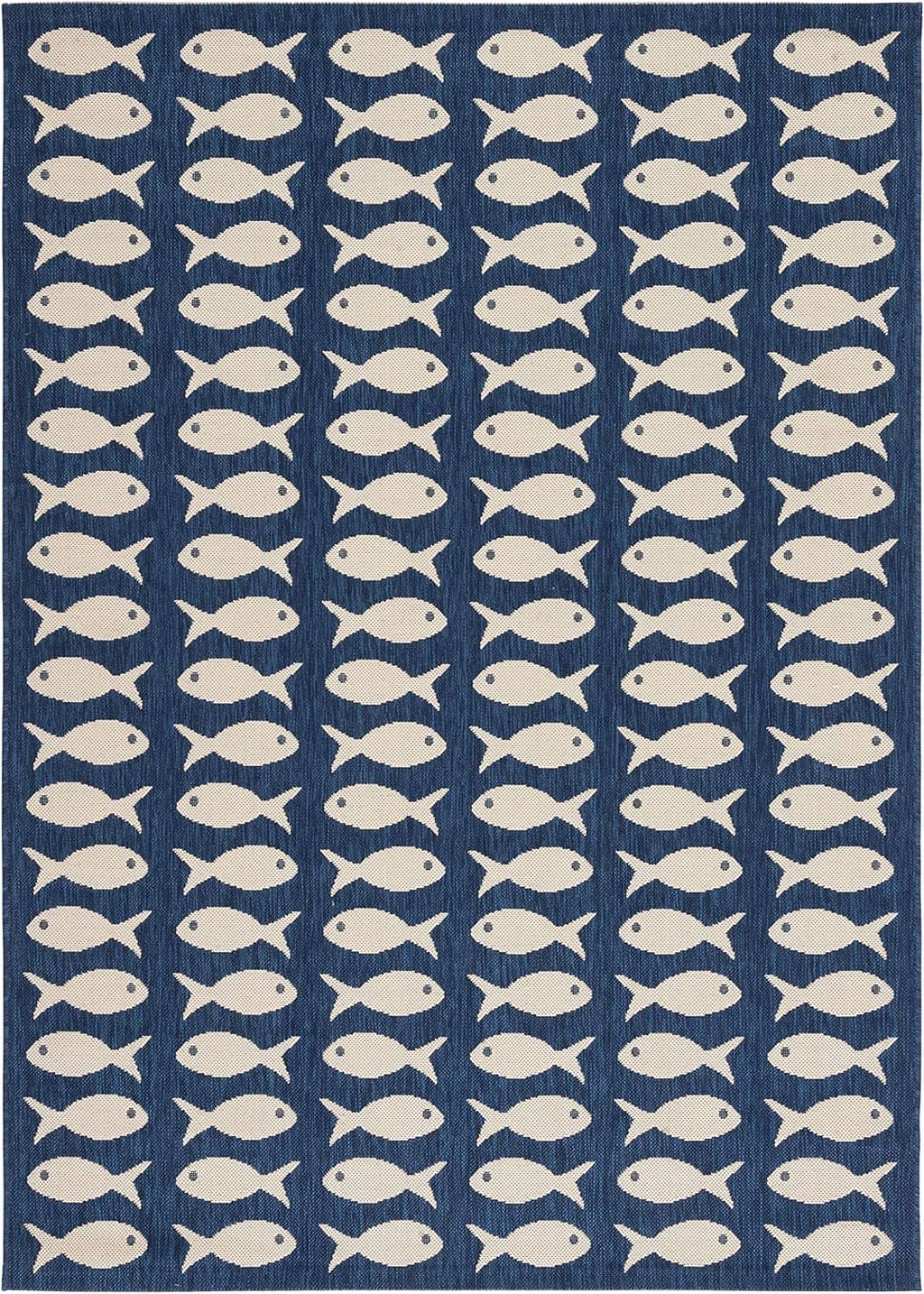 Outdoor rug with navy background and beige fish pattern in neat rows.