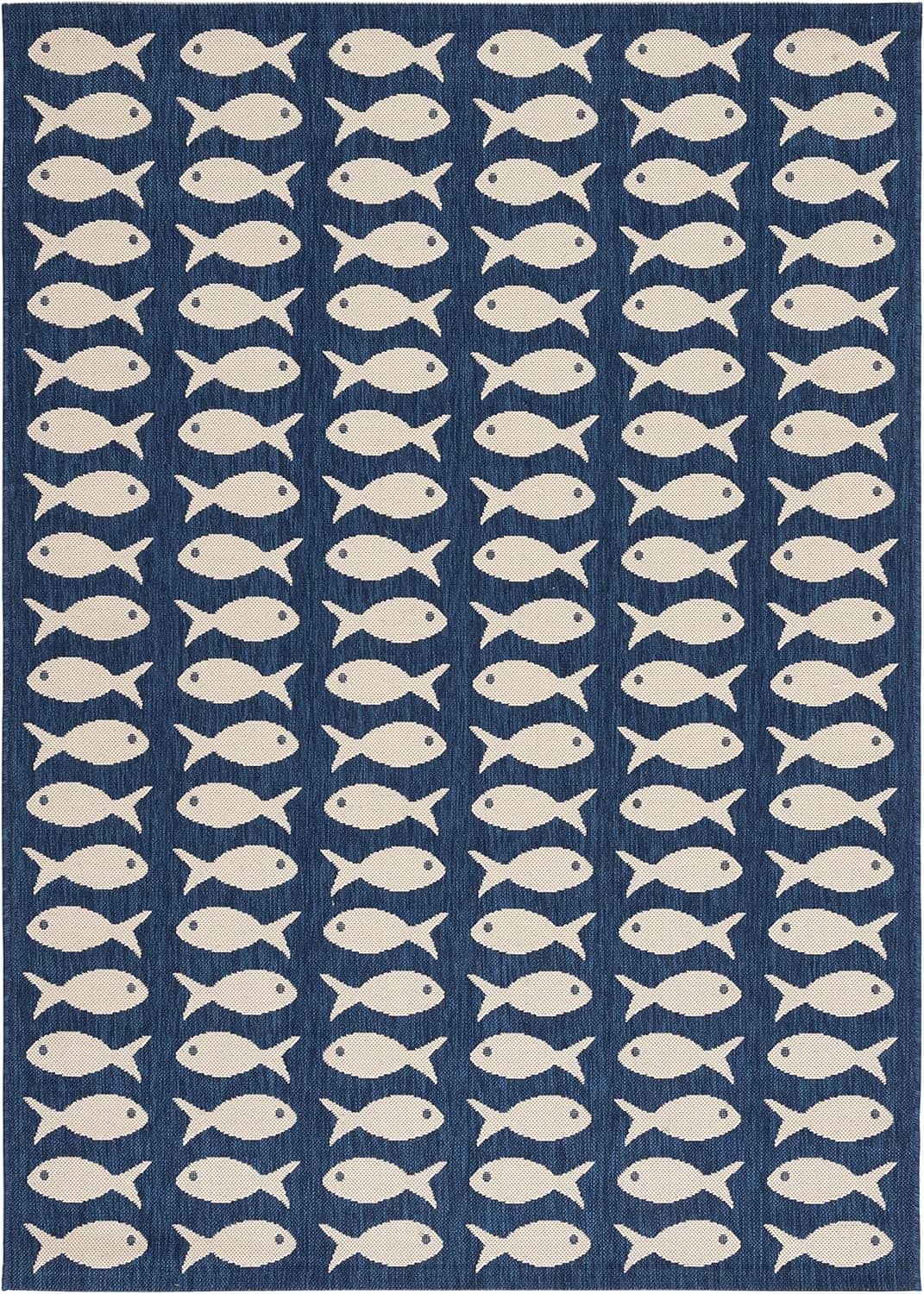 Outdoor rug with navy background and beige fish pattern in neat rows.
