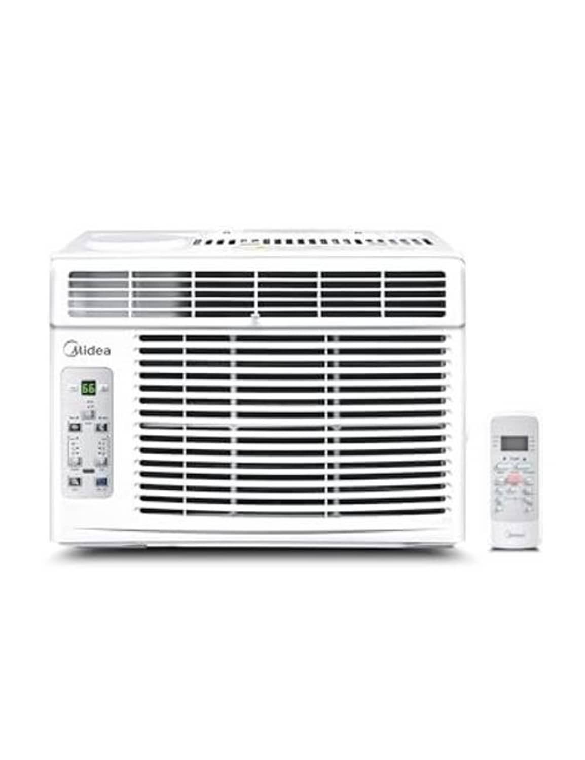 White window air conditioner with control panel and included remote control