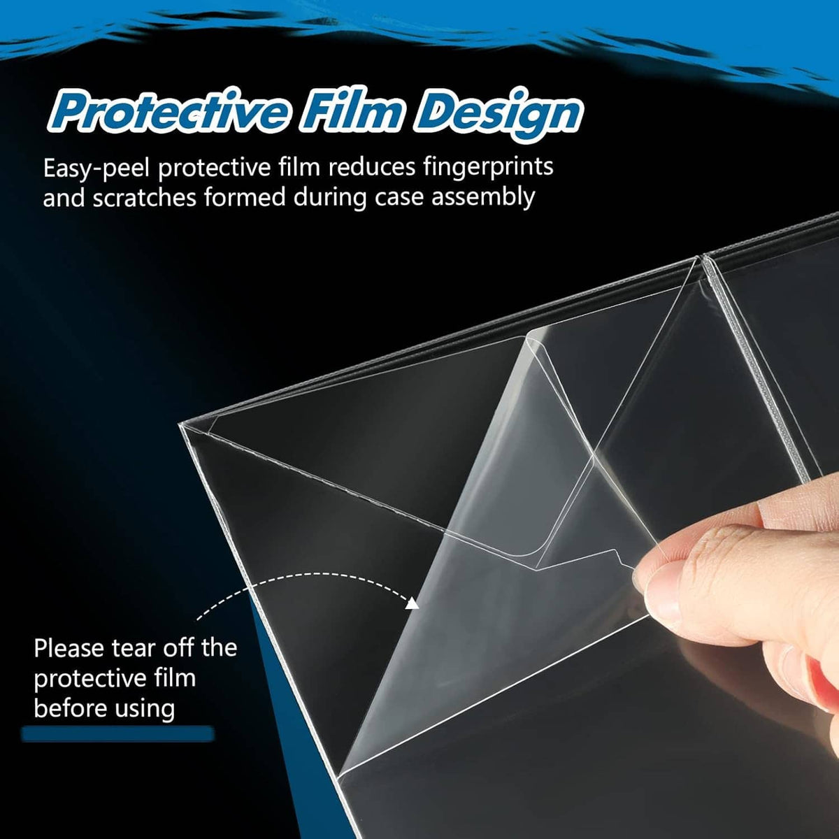 Clear protective film peeled from plastic sheet held by a hand over protector case