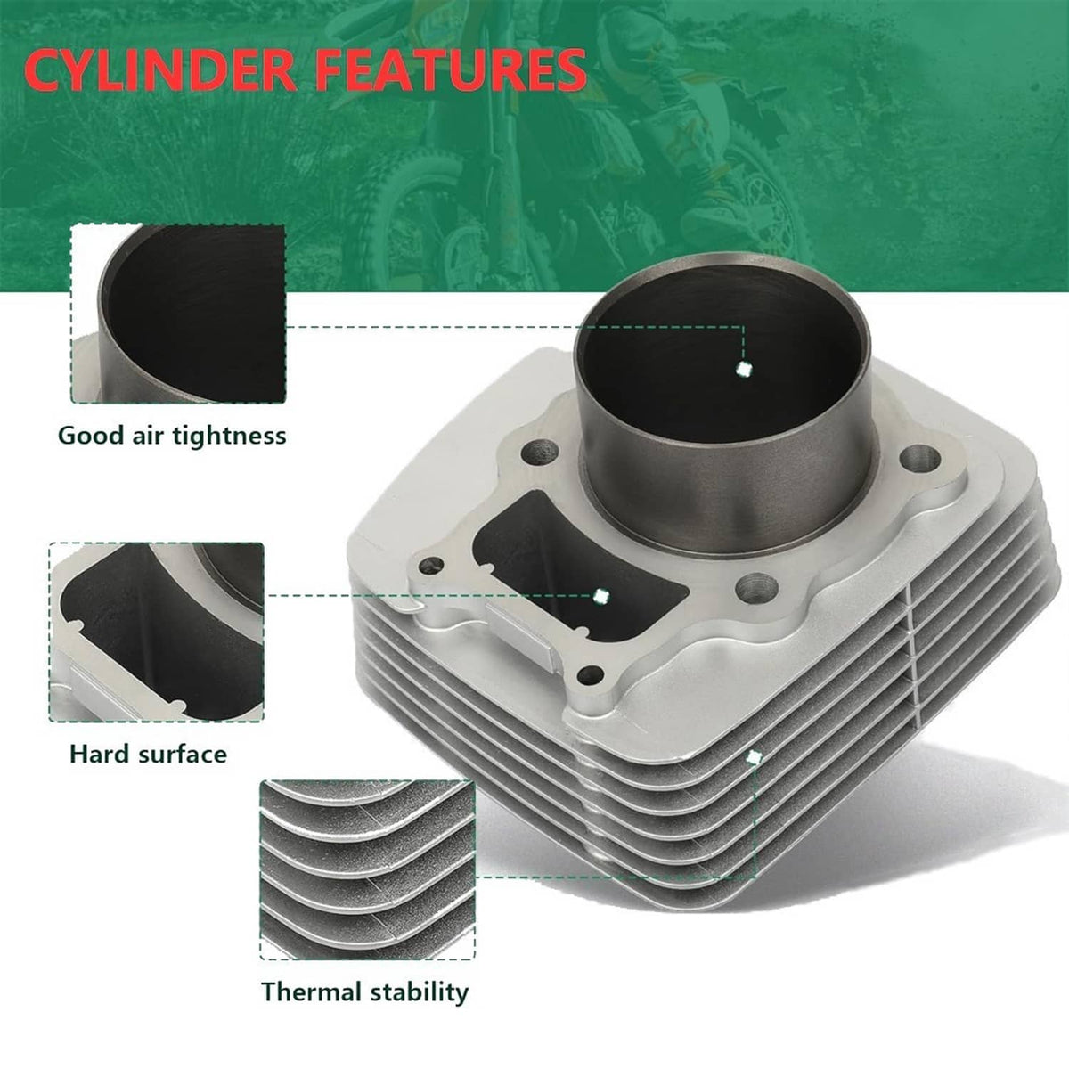 Finned motorcycle cylinder with smooth bore and included gasket and rings