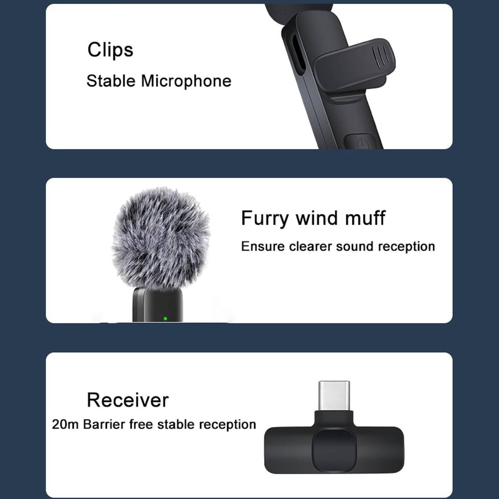 Wireless lavalier microphone receiver with clips and gray furry wind muff for clearer sound
