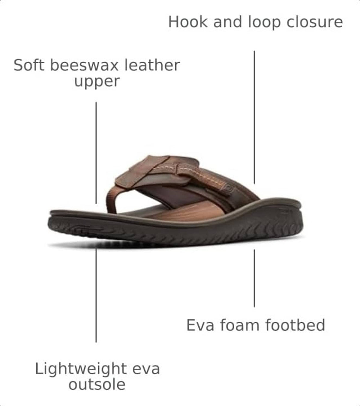 Men's beeswax leather slide sandals with hook-and-loop closure; EVA foam footbed