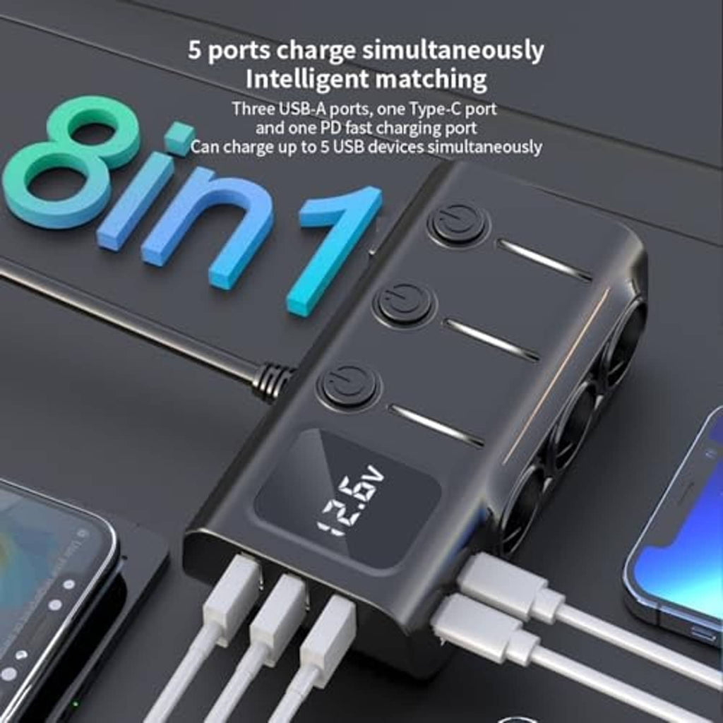 Black 3-port car charger splitter showing multiple USB outputs and LED