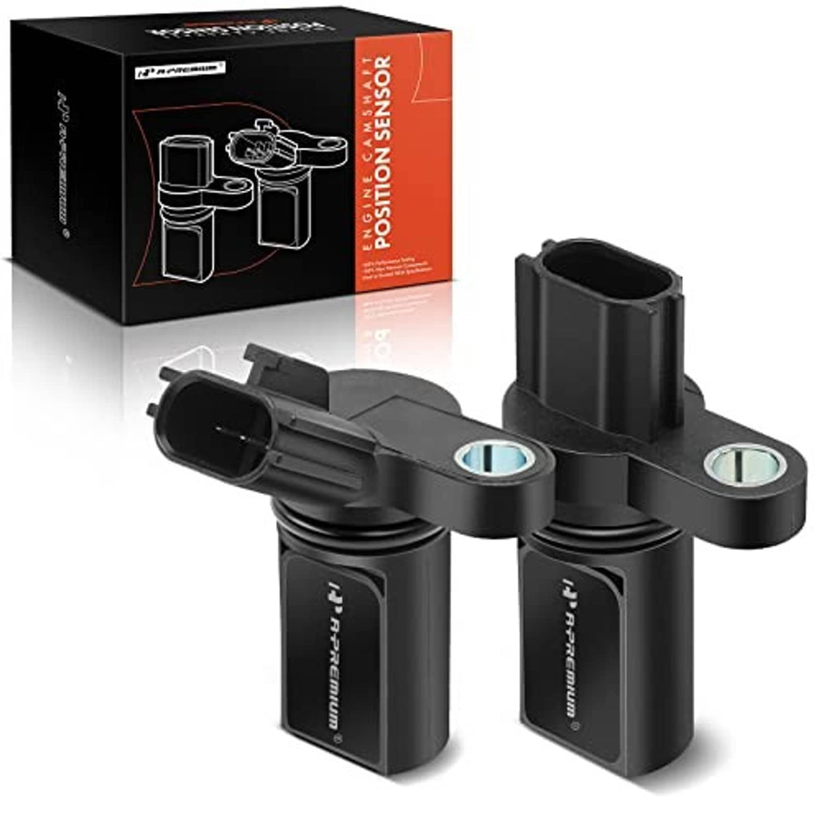 Two black camshaft position sensors with circular mounting tabs and electrical connectors