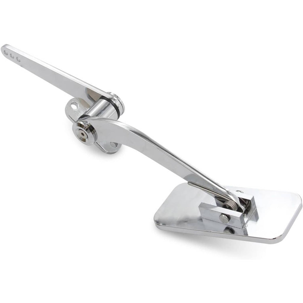 Polished aluminum gas pedal with black ribbed pad and cylindrical pivot mount