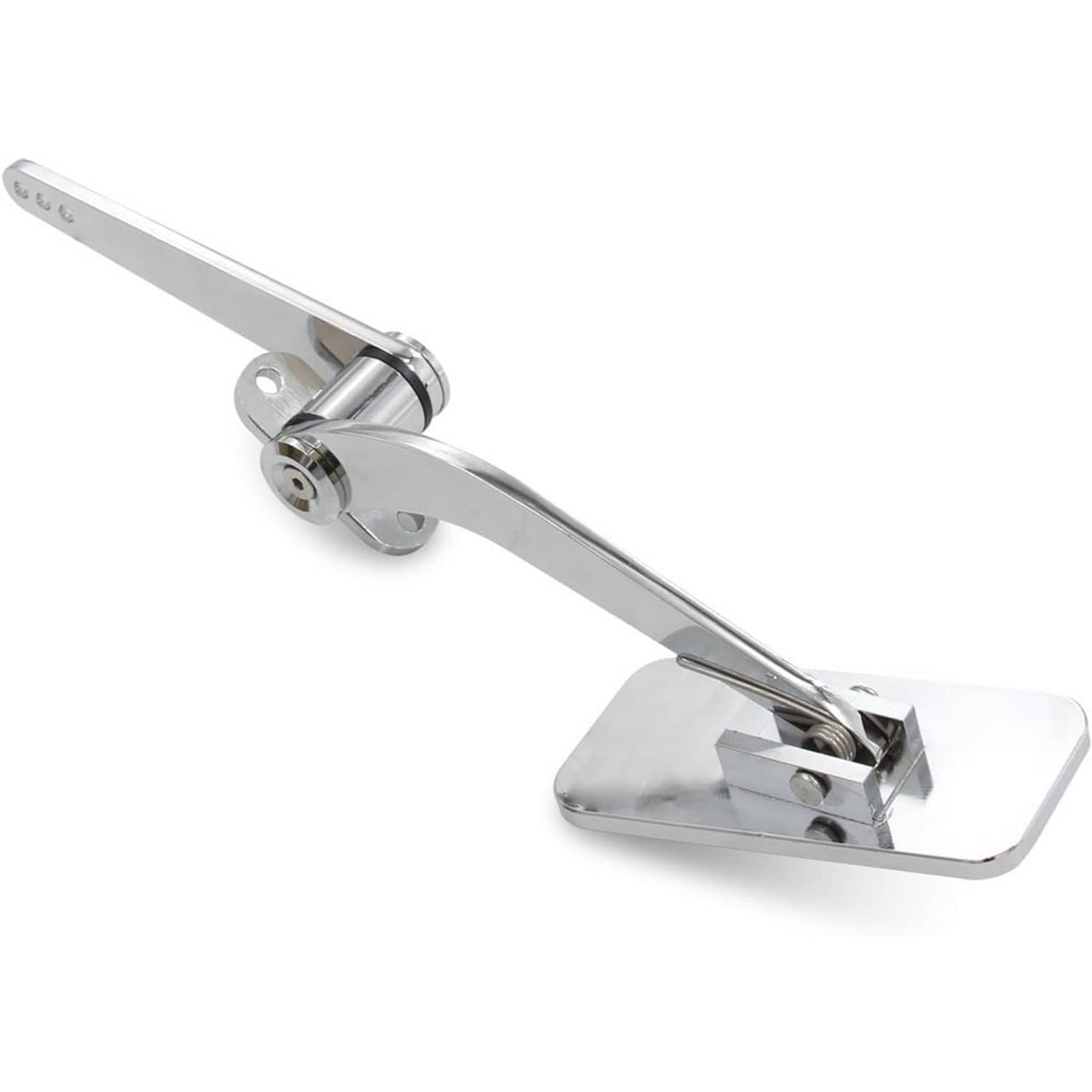 Polished aluminum gas pedal with black ribbed pad and cylindrical pivot mount