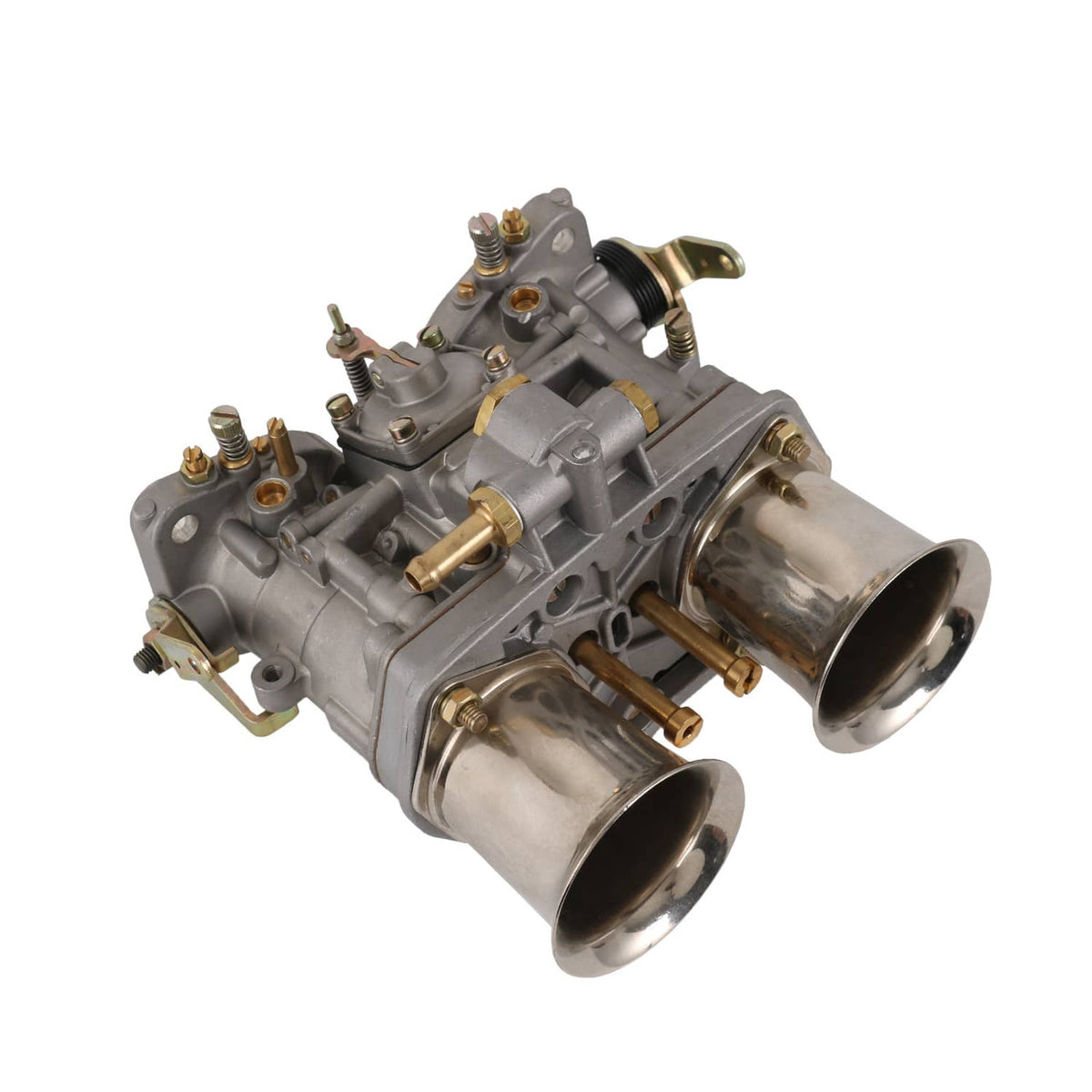 Two-barrel carburetor engine with twin exhaust-style outlets and gray body, side angle