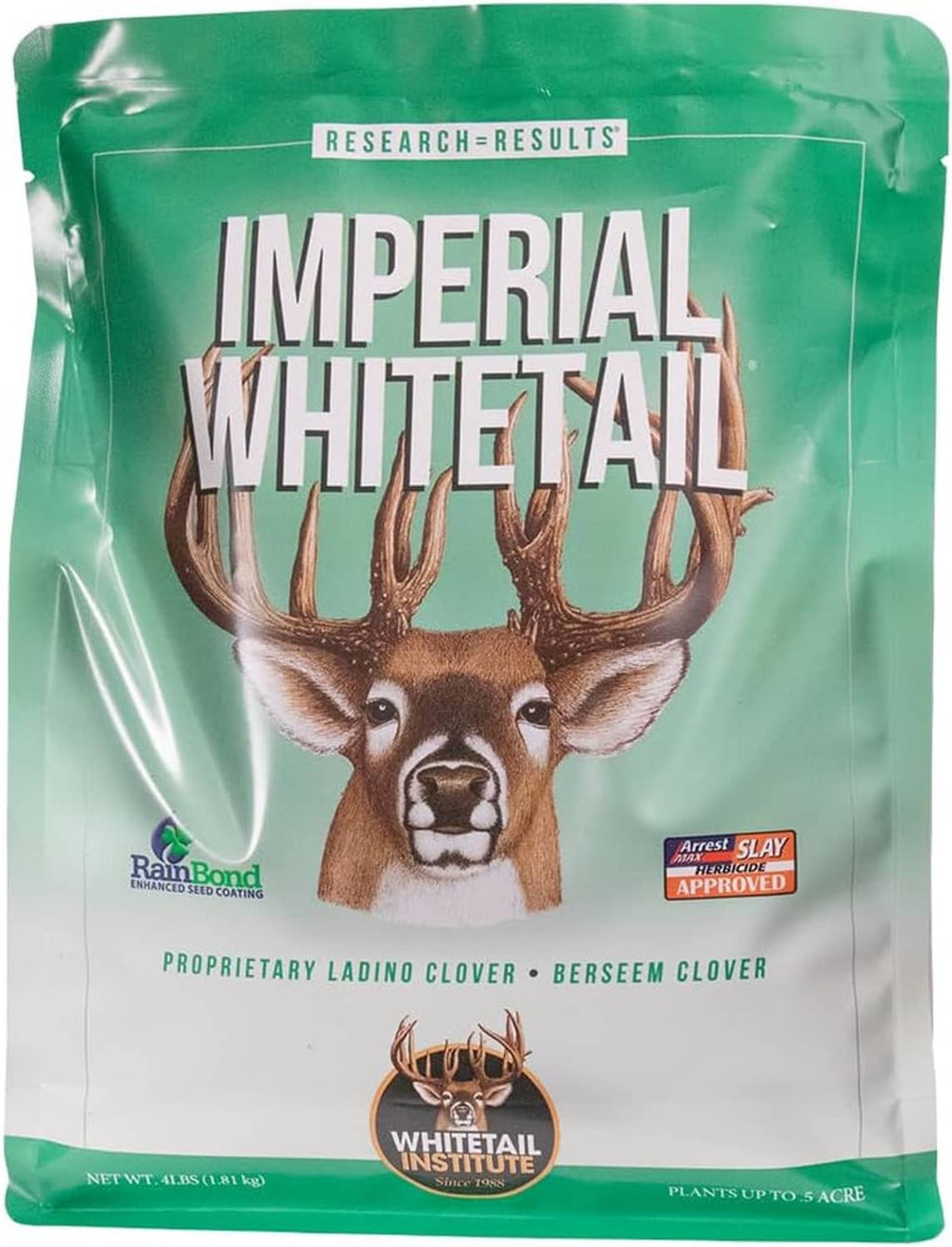 Green Imperial Whitetail seed bag with deer head graphic and clover blend