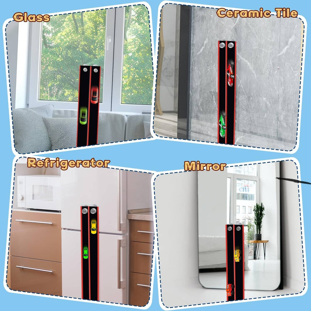 Black-and-red track with suction cup mounts on glass, tile, refrigerator, and mirror