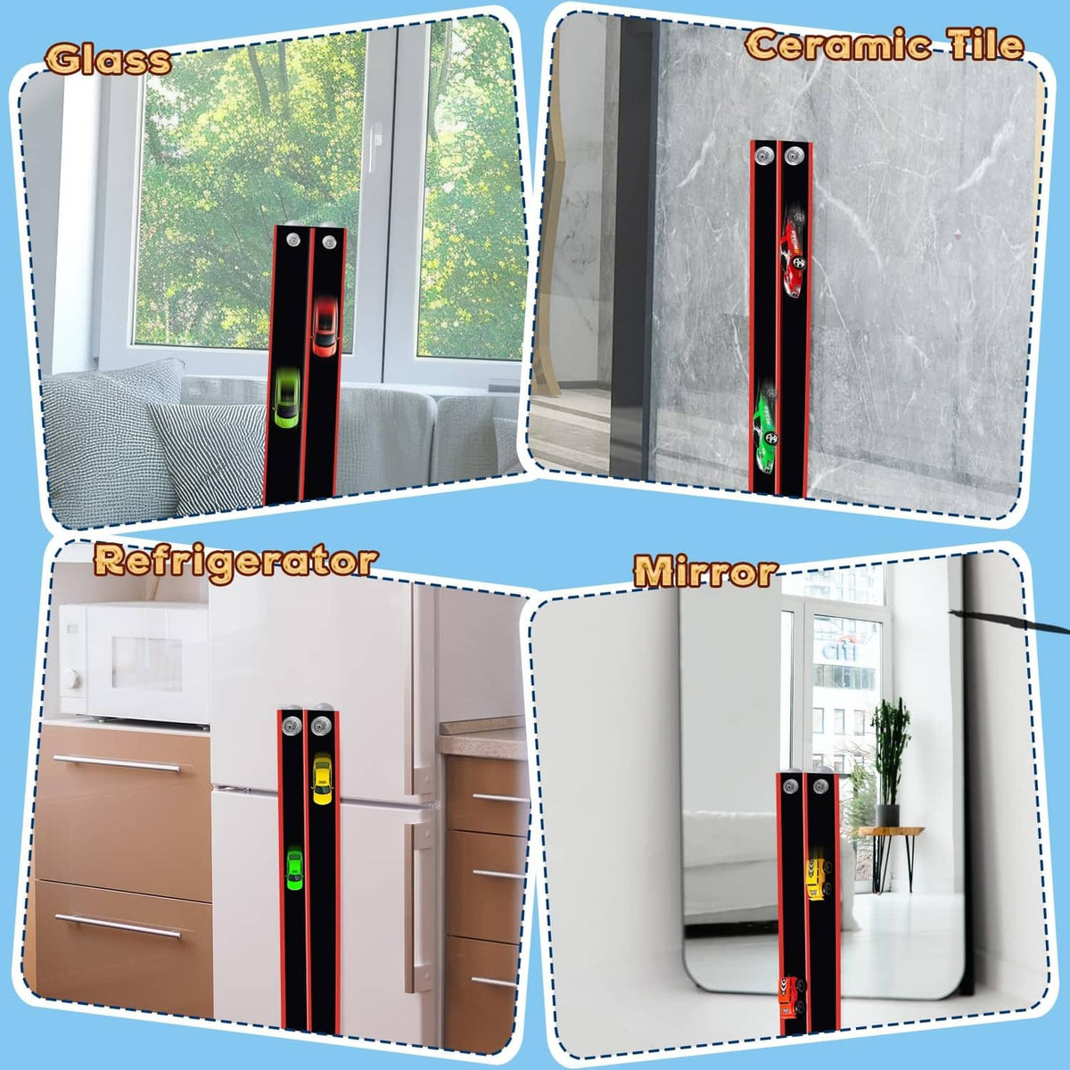 Black-and-red track with suction cup mounts on glass, tile, refrigerator, and mirror