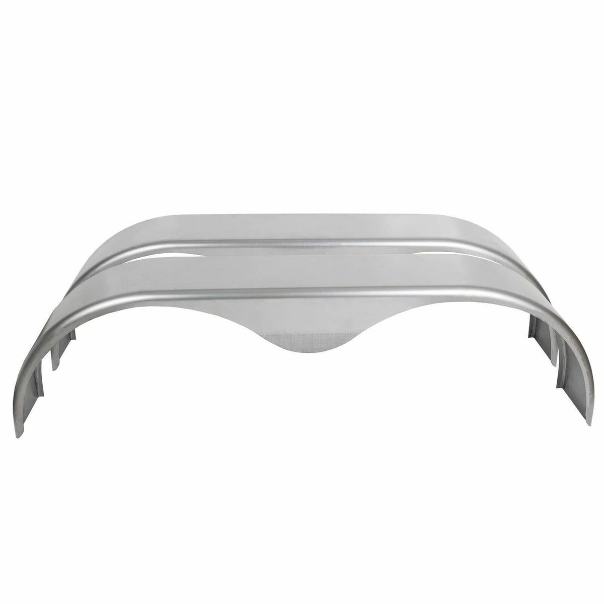 Silver steel trailer fender, smooth curved top with teardrop opening