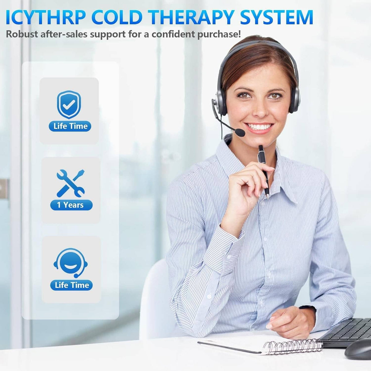 Cold therapy system support graphic with smiling headset operator