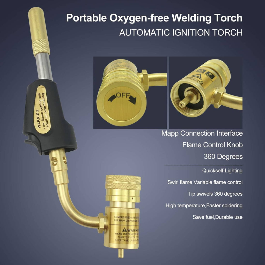 Portable oxygen-free welding torch with flame control knob and brass torch head