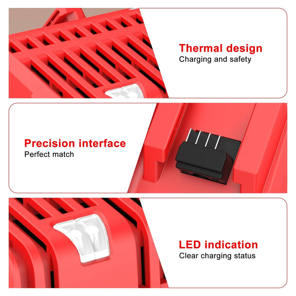 Red charger close-up showing cooling vents, interface port, and LED indication window