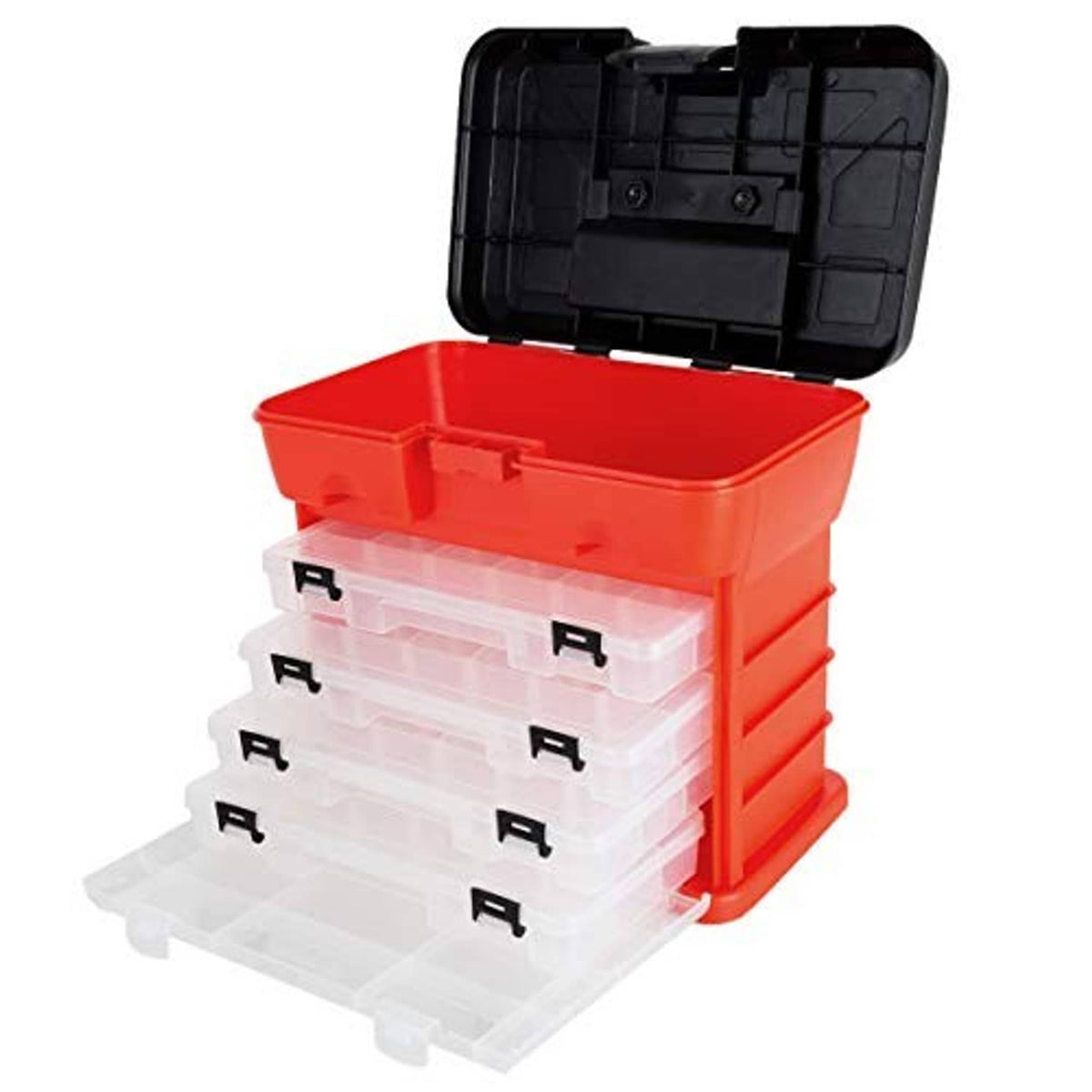 Red tool storage box with clear drawer inserts and black lid open, stacked compartments