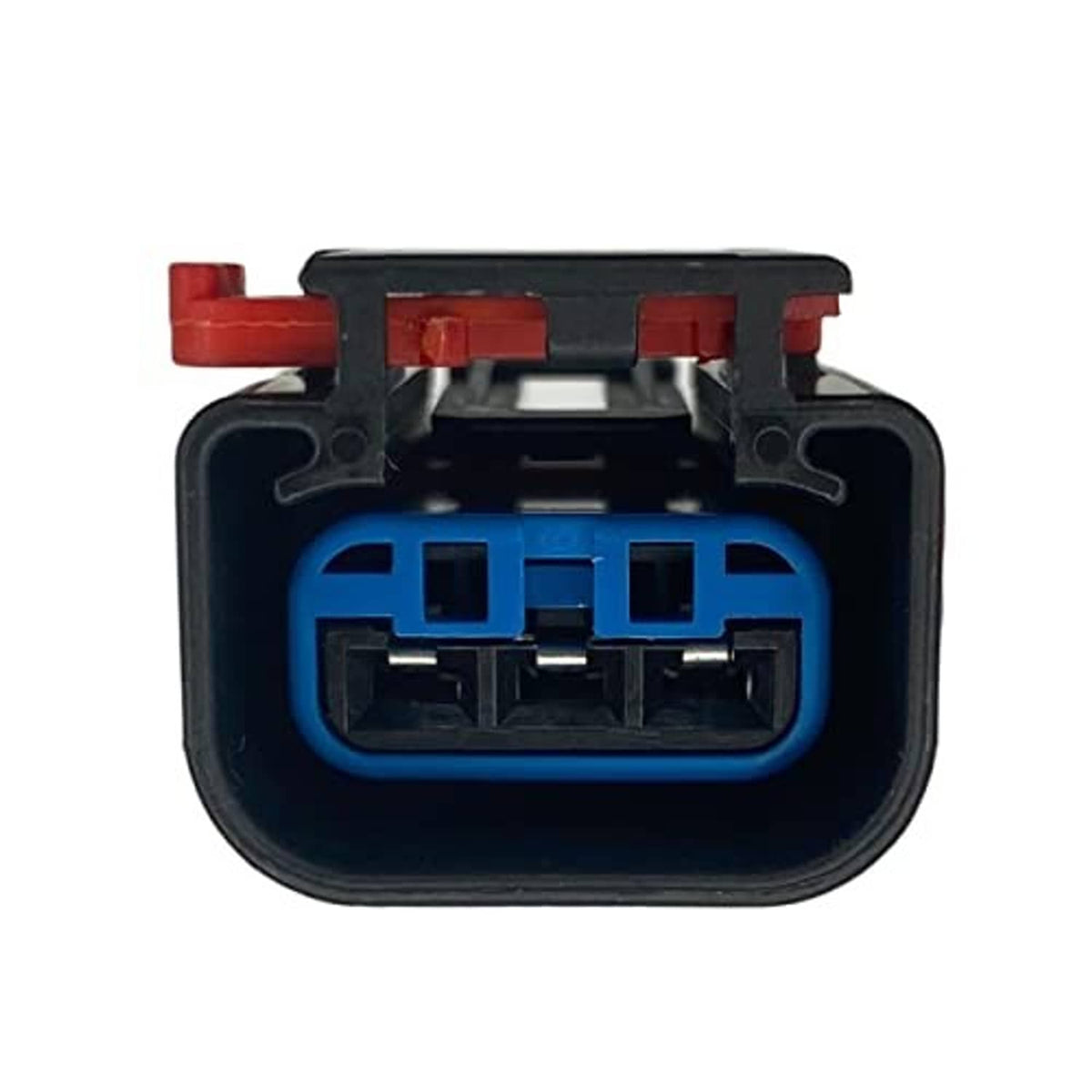 Camshaft sensor wiring harness connector with blue contacts and red latch tabs