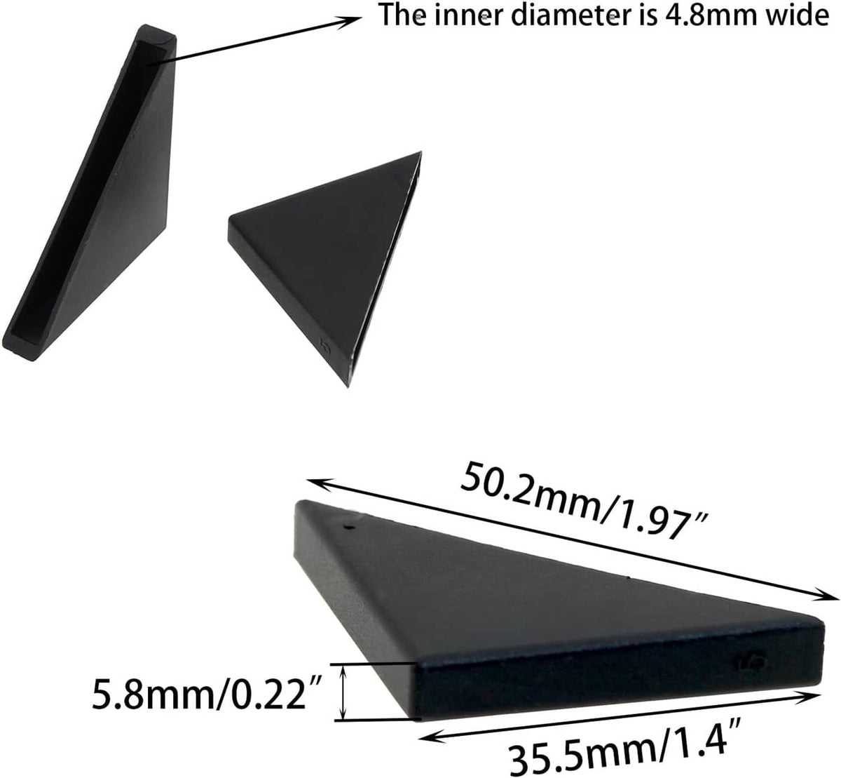 Black triangular corner caps for glass table edges, single protector