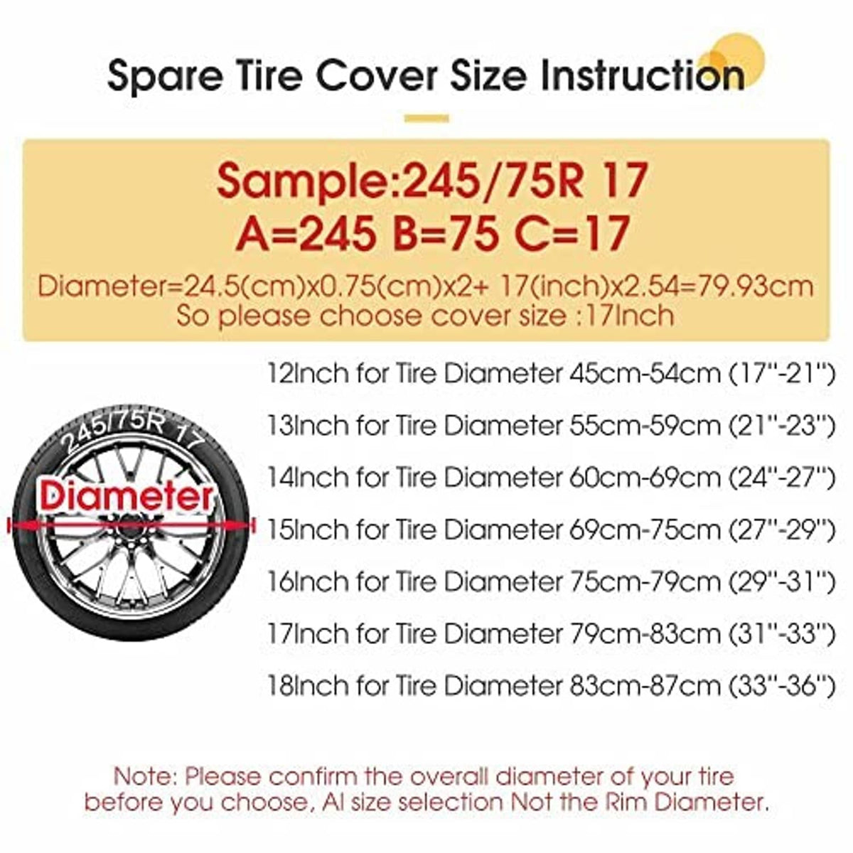 Spare tire cover size instruction graphic for 17-inch spare tire