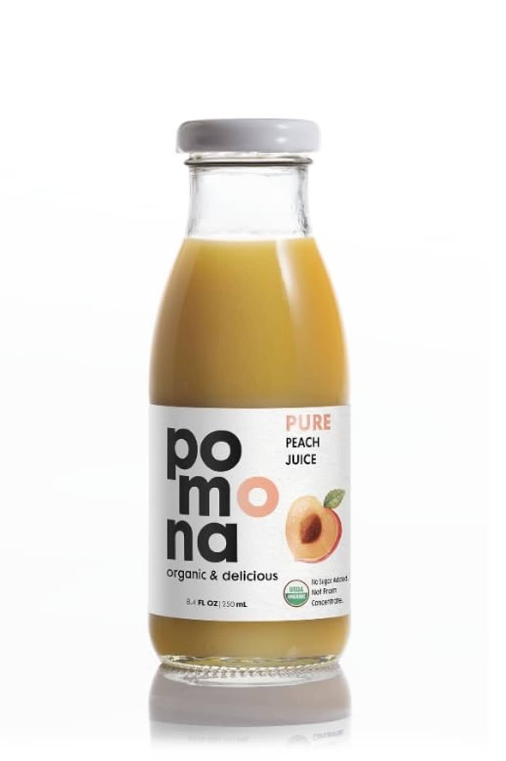 Single Pomona organic peach juice bottle with pure peach juice label