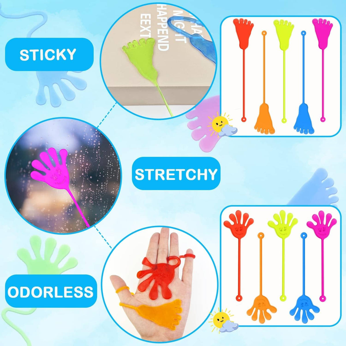 Sticky hands and feet feature cards showing colorful stretchy figures