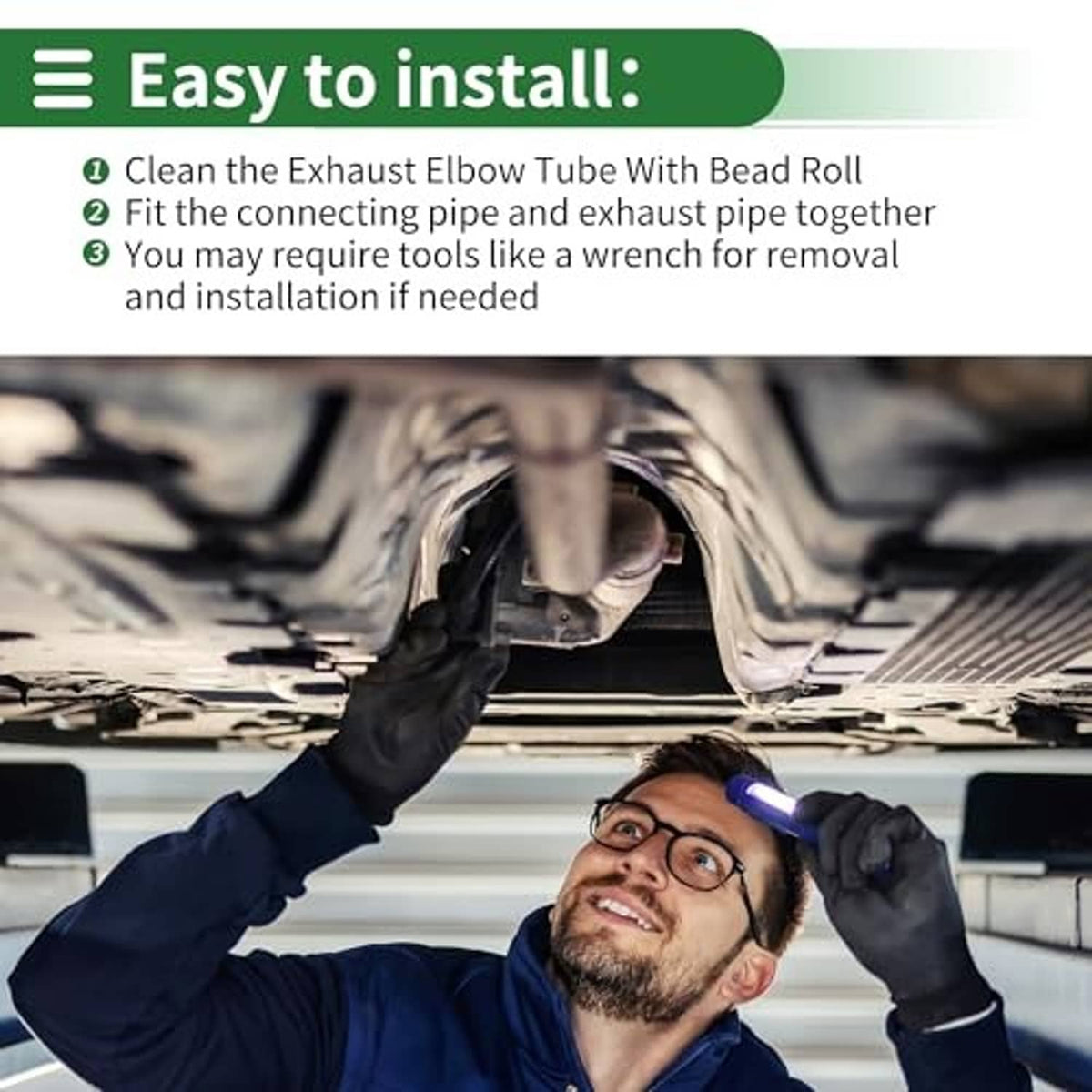 Stainless exhaust pipe tube shown during vehicle installation, open end visible