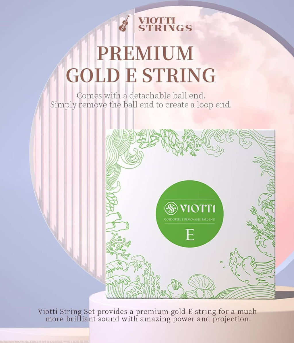 Premium gold E violin string card with VIOTTI emblem and green E label