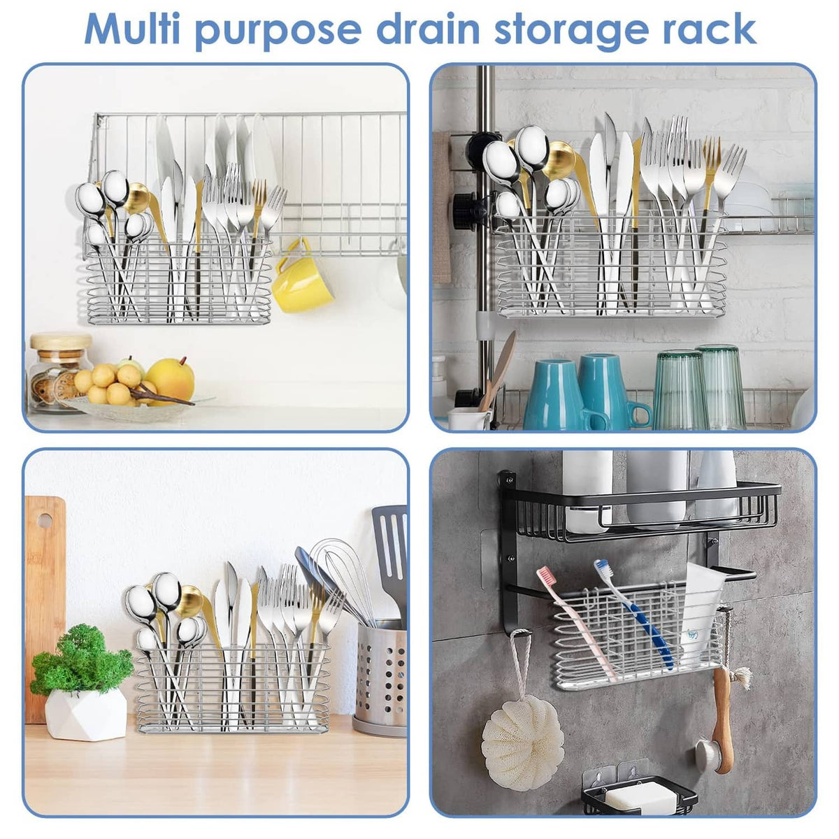 Stainless steel multi-purpose utensil drying rack with stacked cutlery holders