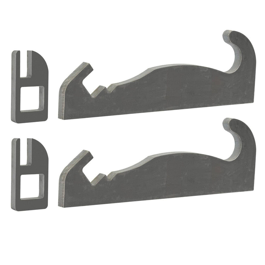 Pair of dark gray steel quick attach brackets with hook ends and raised locking tabs