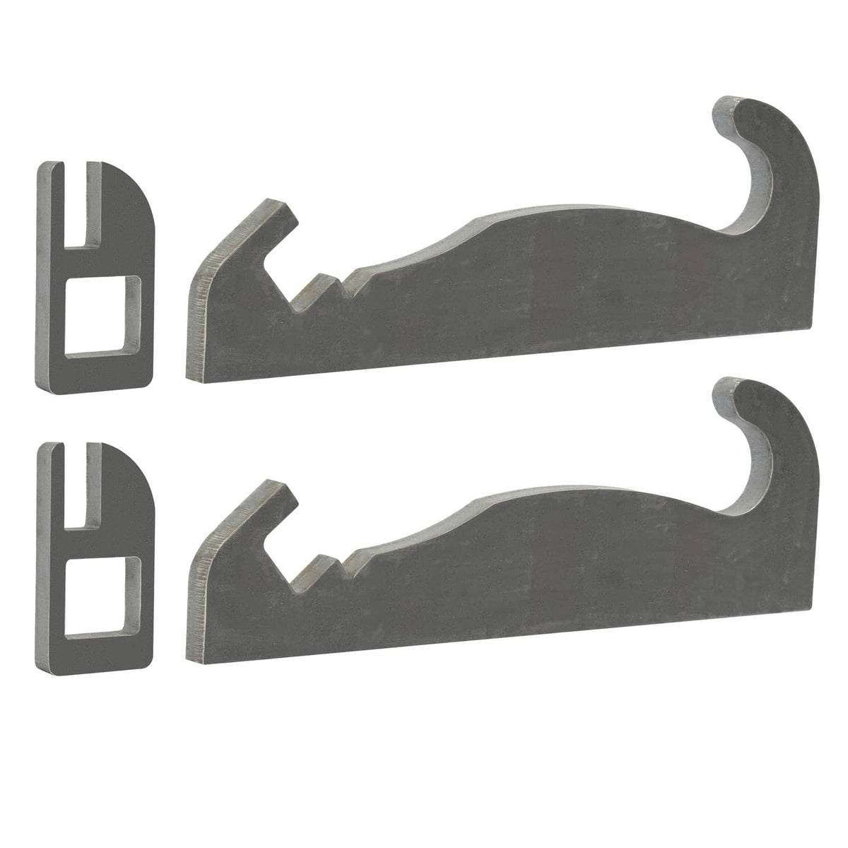 Pair of dark gray steel quick attach brackets with hook ends and raised locking tabs