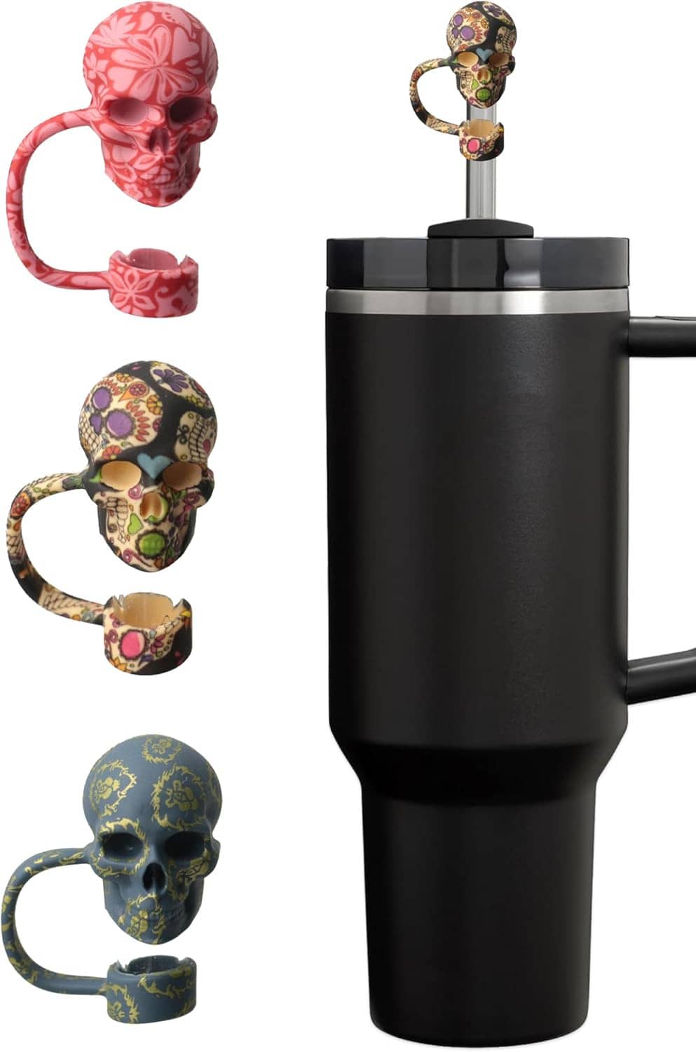 3-pack 3D silicone sugar skull straw caps: red, multicolor, teal skull designs