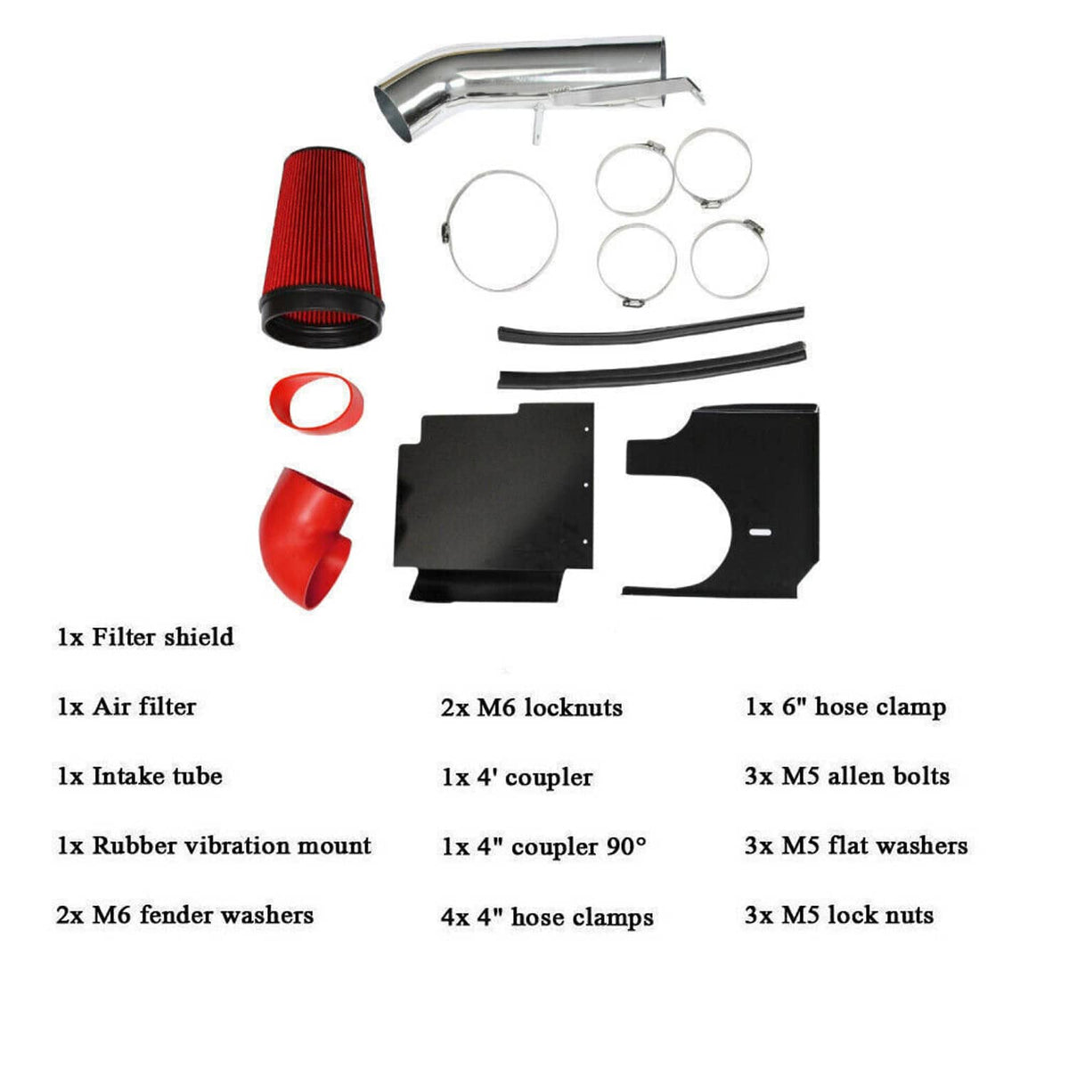 Air intake kit components: red cone filter, chrome tube, black heat shields, clamps and bolts.