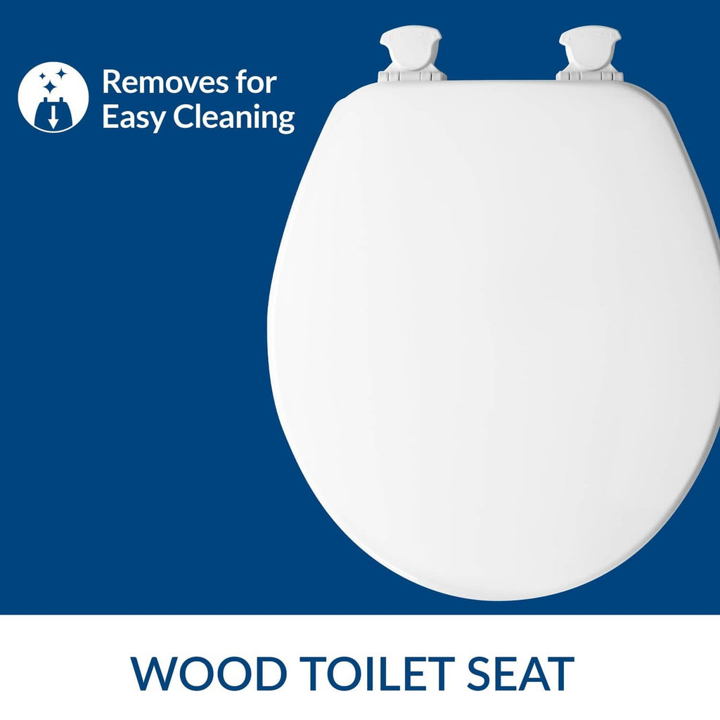 White round toilet seat with two top hinges, front view