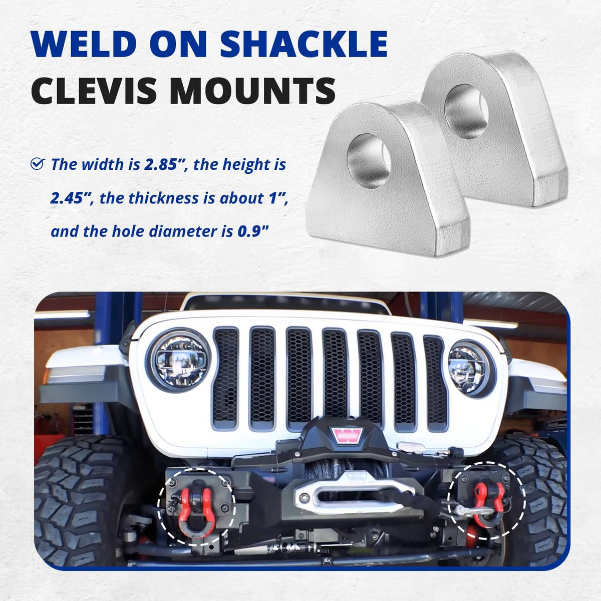 Pair of silver steel weld-on shackle clevis mounts with round mounting holes.