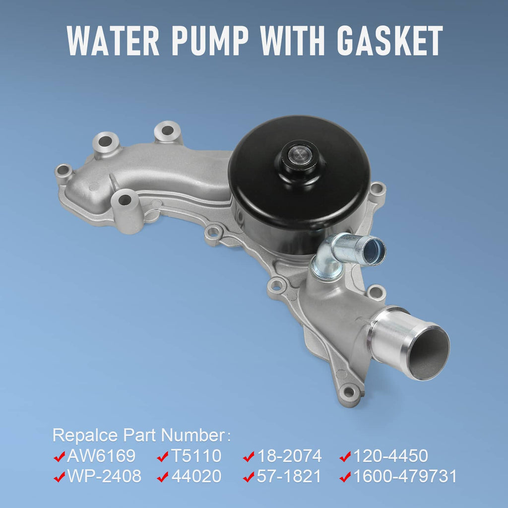 Water pump with black pulley, silver housing, hose outlet, and gasket