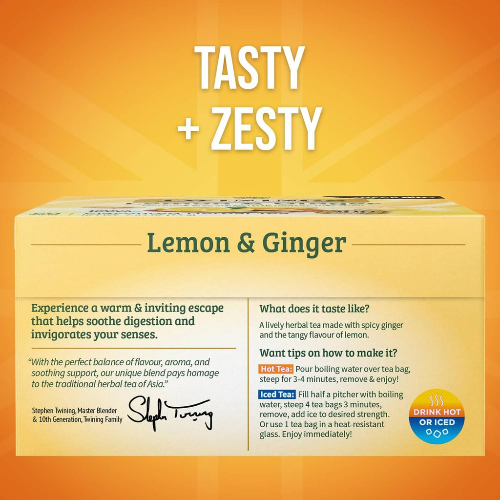 Twinings herbal tea bags box labeled Lemon & Ginger, tasty and zesty panel