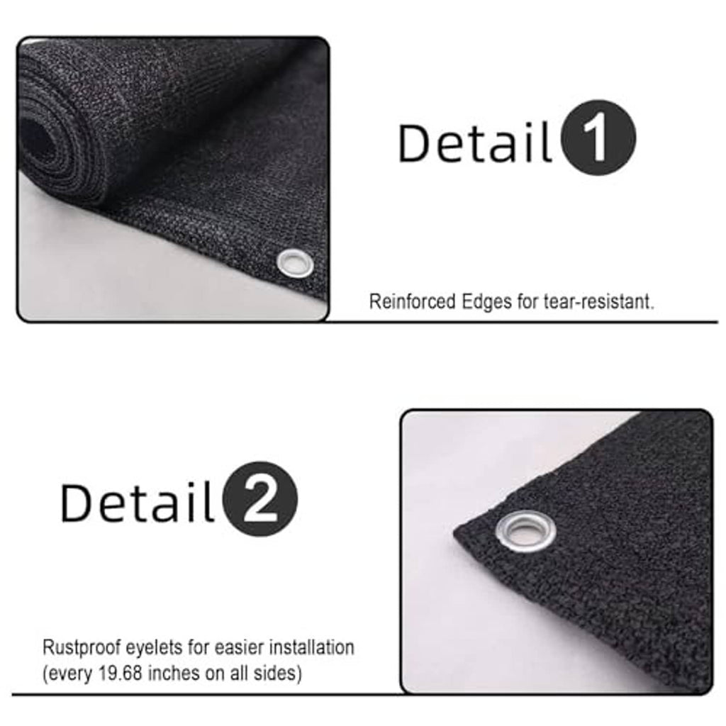 Black privacy screen fabric detail with reinforced edges and rustproof grommets
