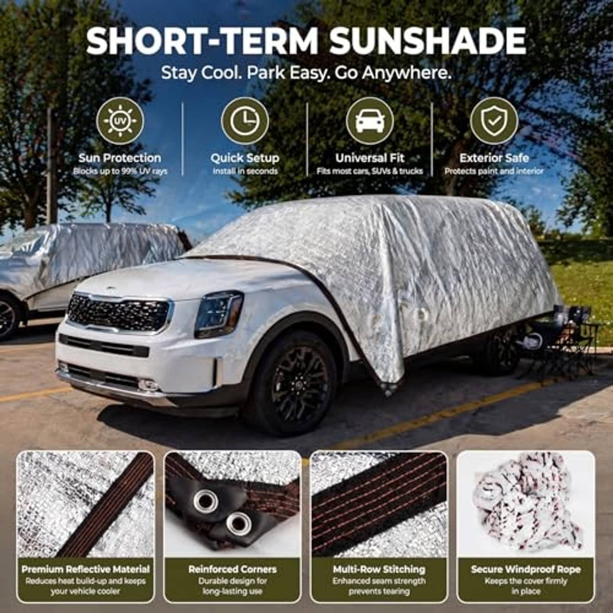 Reflective short-term suns hade cloth draped over car roof with brown edge trim