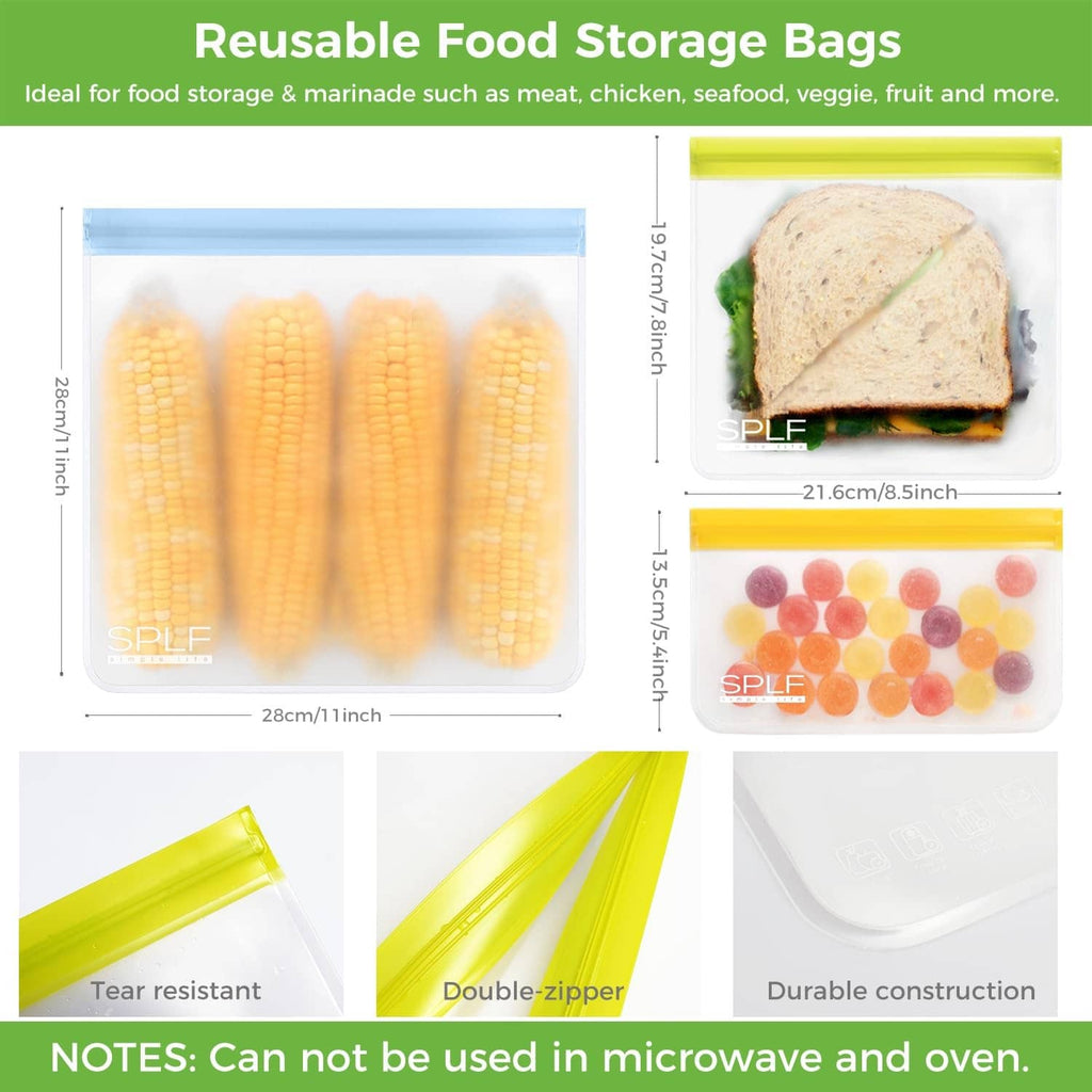Reusable food storage bags with transparent film and colorful double-zip closures