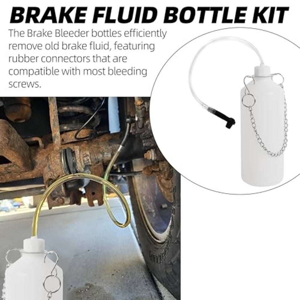 Brake fluid bottle kit with white reservoir, metal chain handle, and clear suction hose