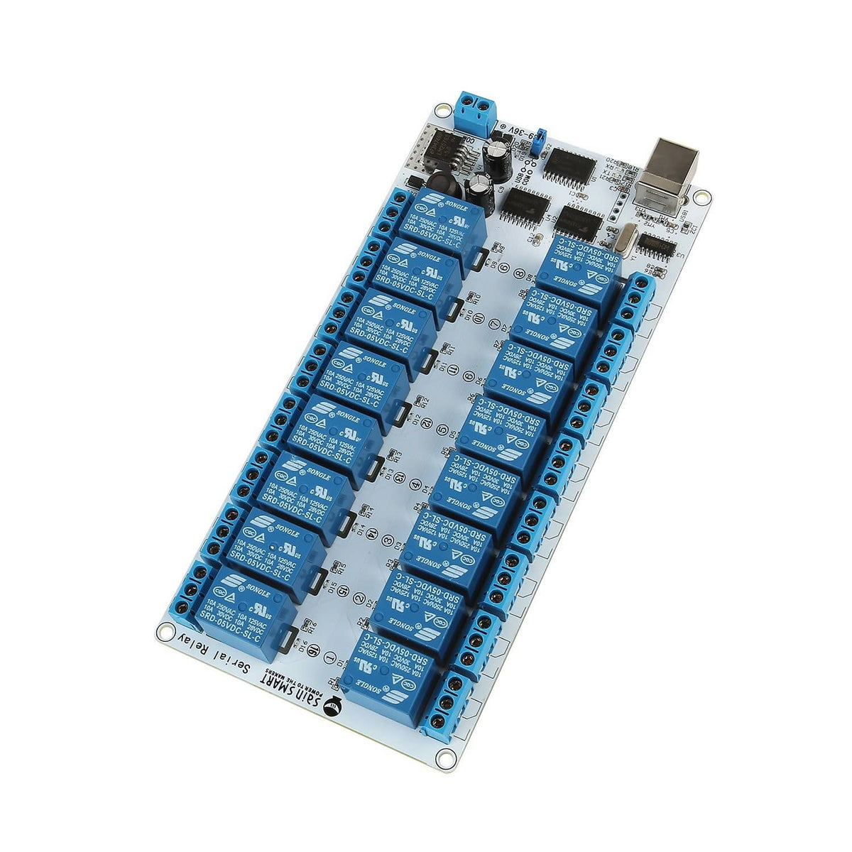 Sainsmart 16-channel USB relay module, top view with relay blocks and terminal strip