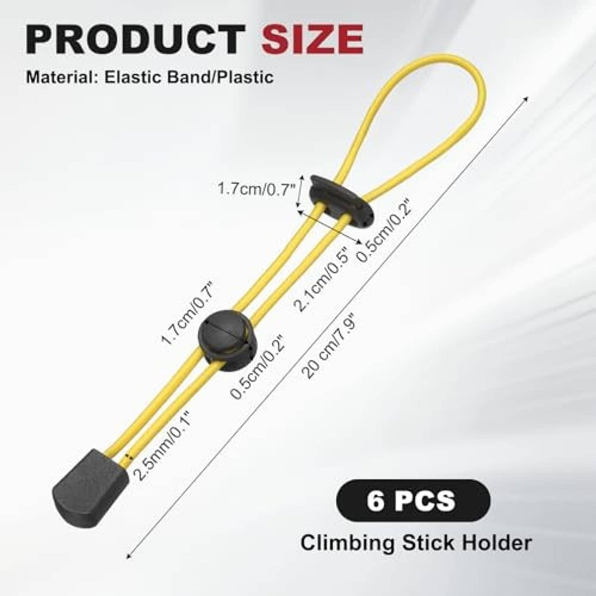 Single yellow elastic climbing stick holder with black cap and loop for securing poles