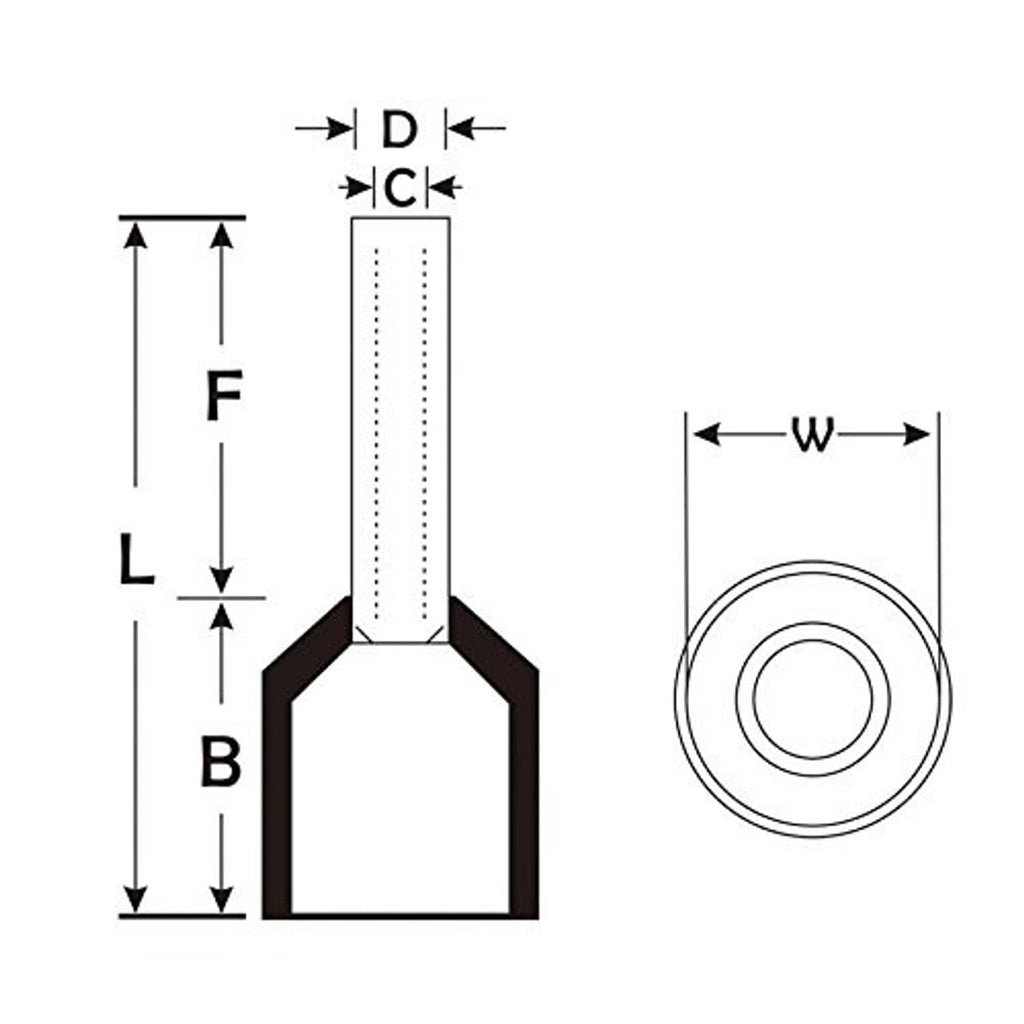 Insulated wire crimp ferrule dimension diagram: L, F, B, D, W measurements