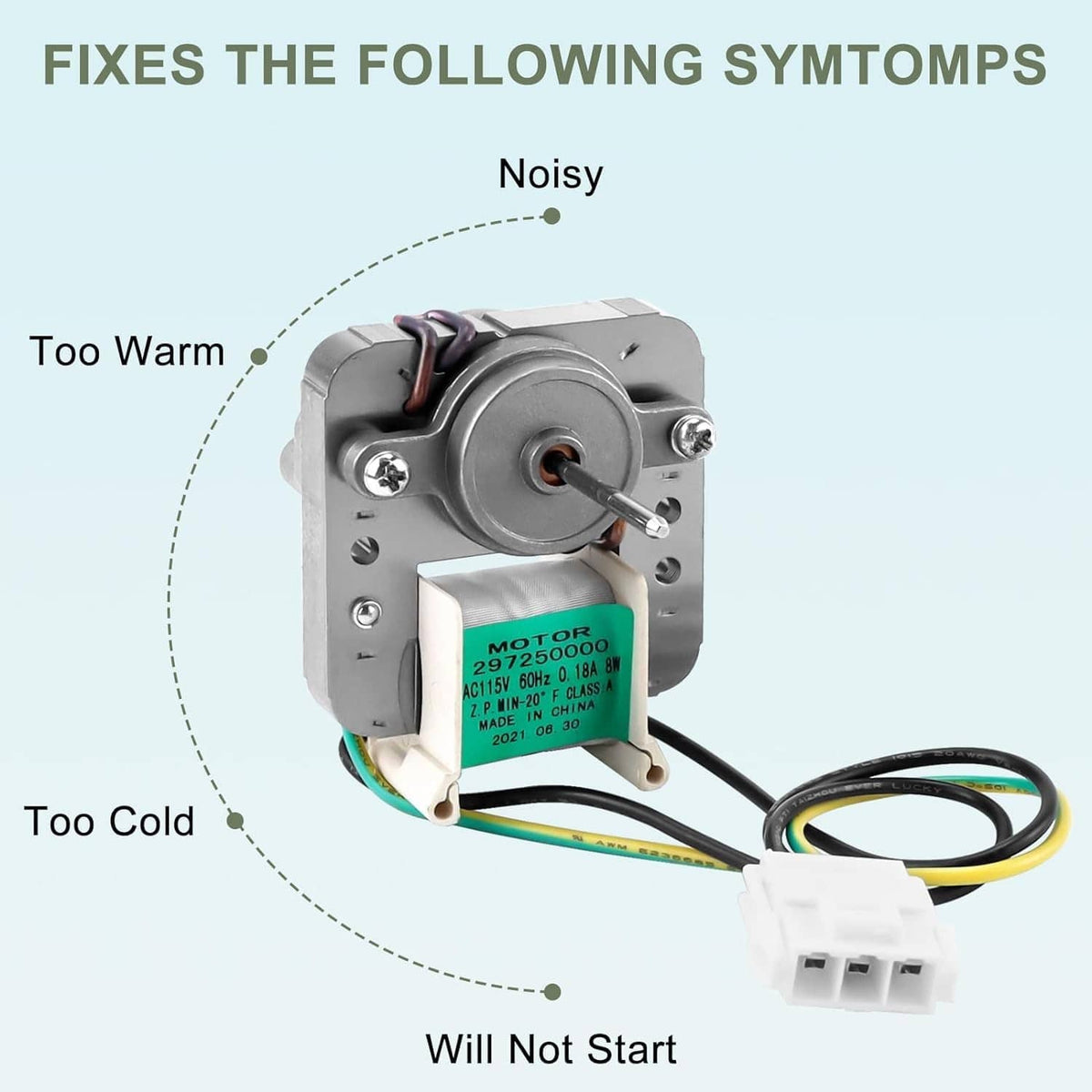 Refrigerator evaporator fan motor with wire leads and white connector, compact metal body