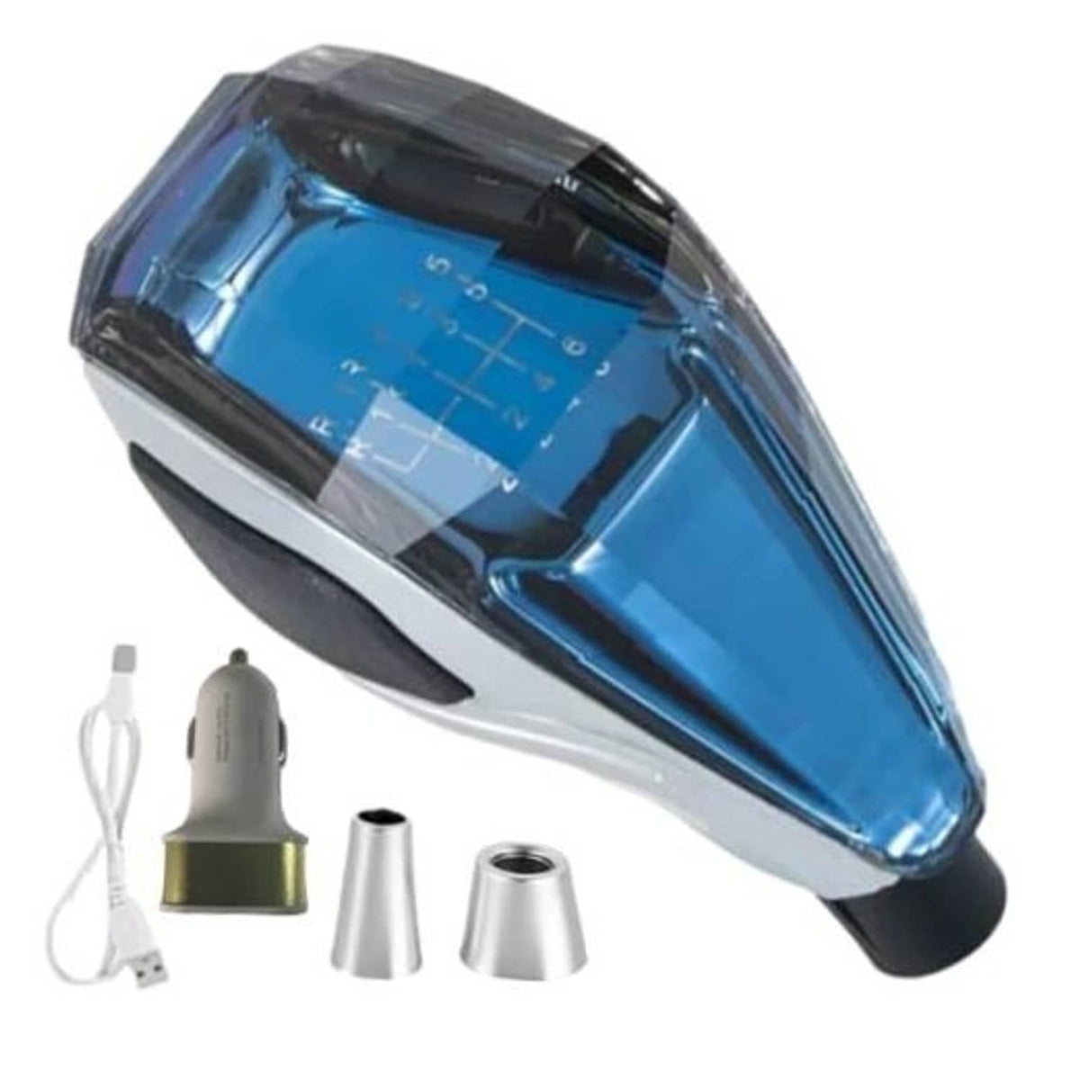 Illuminated touch-activated gear shift knob, blue display with numbered gear markings