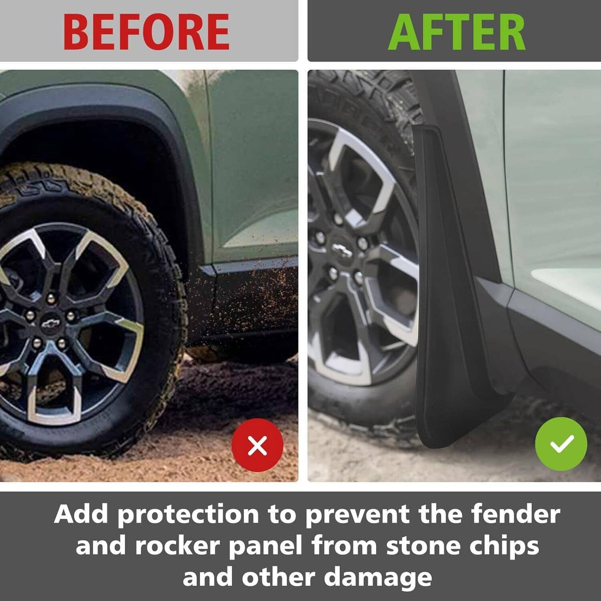 Before and after view showing black splash guards protecting the lower panels