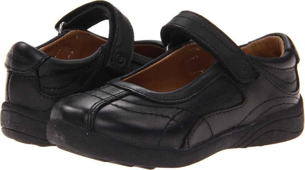 Girls' Claire black Mary Jane flats, side view with hook-and-loop strap and cushioned sole