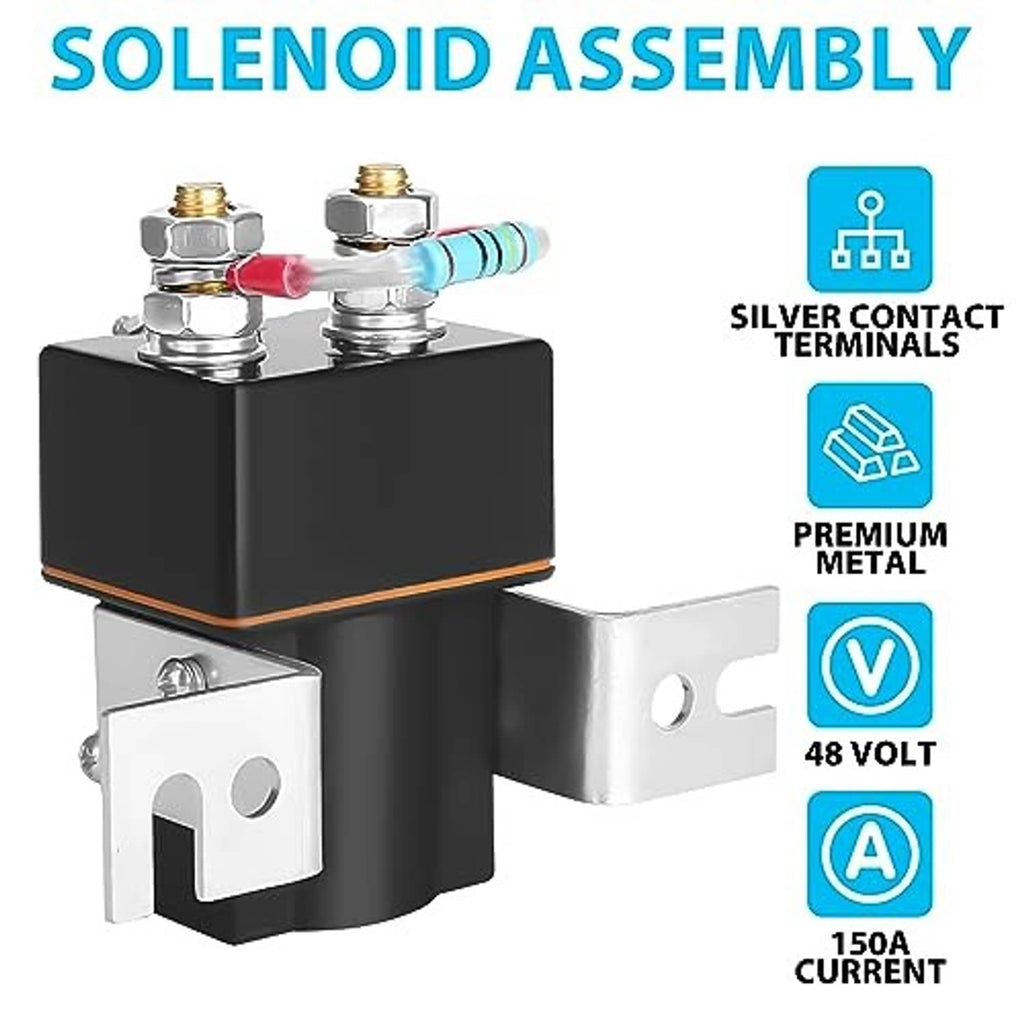 48V solenoid assembly with silver contact terminals and color-coded connector leads.